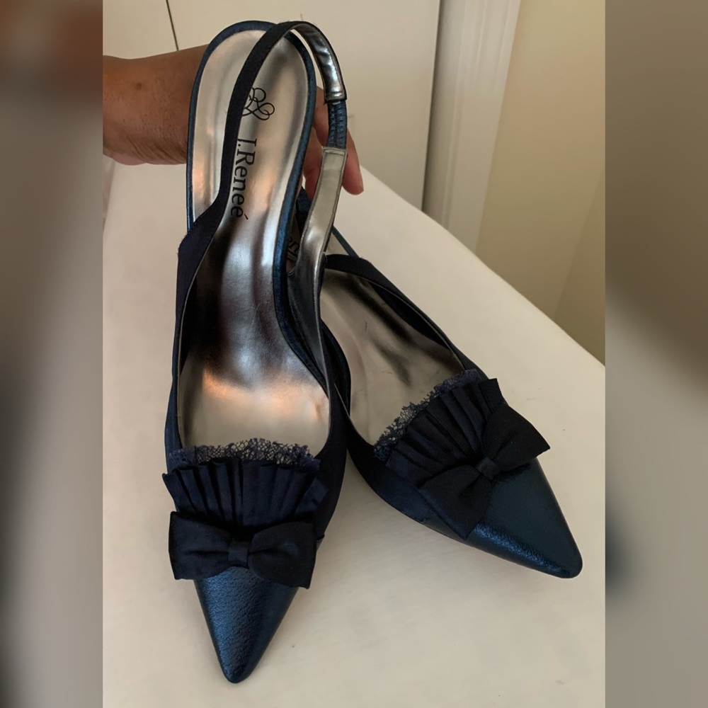 J. Renee’ Navy DEMUR Satin / Metallic Heels